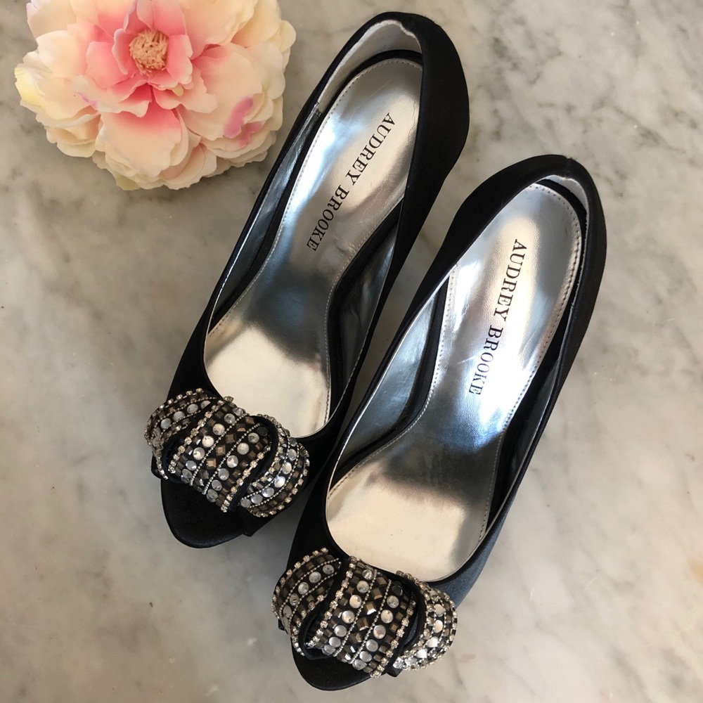 Audrey Brooke satin jeweled peep toe pumps